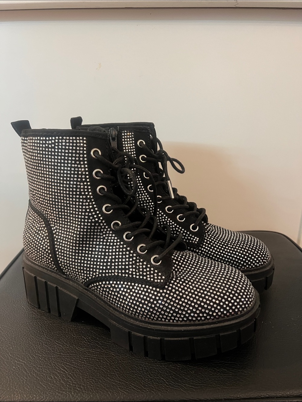 Chunky Rhinestone Lace-Up Combat Boots - Black